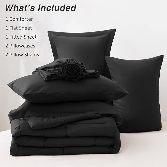Love's cabin King Size Comforter Set Ash Black, 7 Pieces King Bed in a Bag, All Season Bedding Sets with 1 Comforter, 1 Flat Sheet, 1 Fitted Sheet, 2 Pillowcase and 2 Pillow Sham