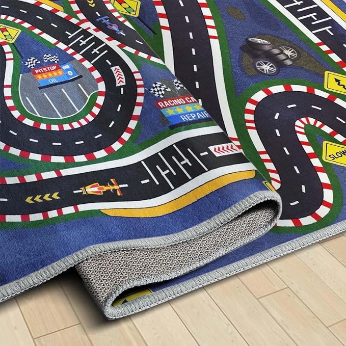 Kids Rug,Children's Room Rug,Road Race Play Rugs, Rail City Living Rugs, Washable Non-Slip Play Mats. (Dark Blue, 47x71in)