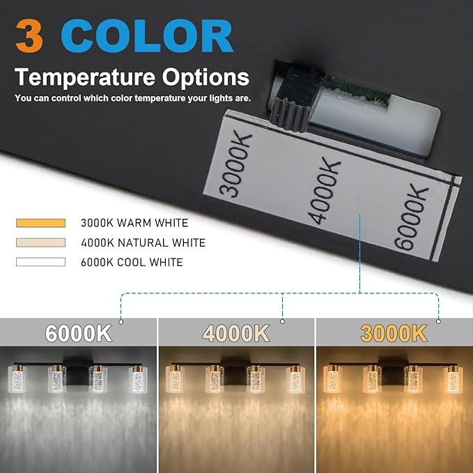 SineRise 4-Light Black and Gold Vanity Light with 3 Color Modes (3000K/4000K/6000K), Eye Protection LED Bathroom Light Fixture, Dimmable Modern Wall Light Over Mirror with Clear Glass Shade