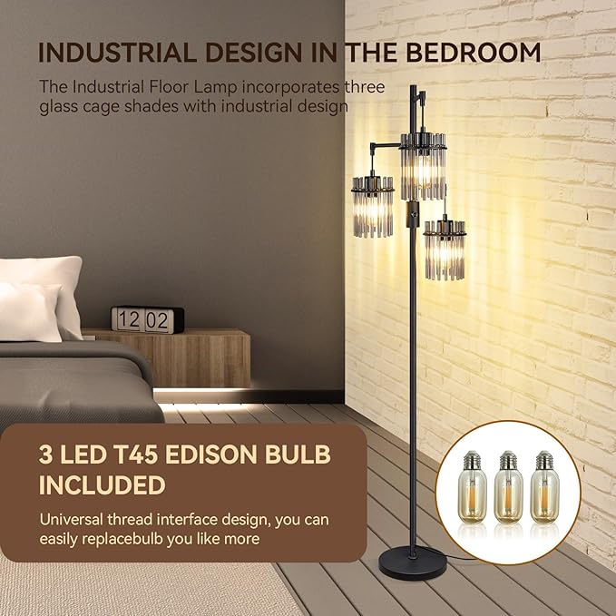 Industrial Modern Floor Lamps for Living Room, Dimmable Glass Tree Standing Tall Lamps with 3 Elegant Teardrop Cage Head & 1200 Lumens LED Bulbs for Bedroom Office (66inch Tall)