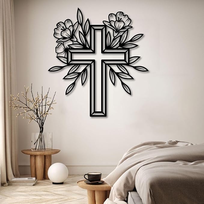 ENJOYOO Metal Cross Wall Decor, Religious Cross Decoration, Flower Metal Wall Art, Garden Wall Art Outdoor (Black, 30×28in/76×70cm, metal wall art)