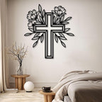ENJOYOO Metal Cross Wall Decor, Religious Cross Decoration, Flower Metal Wall Art, Garden Wall Art Outdoor (White, 39×36in/100×92cm, metal wall art)
