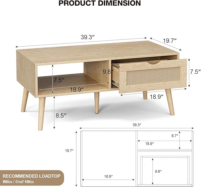 Coffee Table with Storage, Boho Dining Table with Rattan Drawer and Solid Wood Legs, Small Coffee Tables for Living Room, Oak