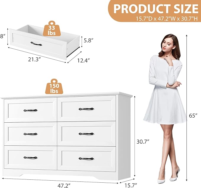 GAOMON Farmhouse 6 Double Drawers Dresser for Bedroom, 47.2'' Wide Chest of Drawer, Wooden Horizontal Dresser with Metal Handles and Stable Base, Modern Cabinet for Bedroom, Living Room, White