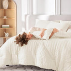 MUXHOMO 7 Pieces King Comforter Set, Seersucker Bed in a Bag King Size, All Season Luxury Bedding Set with Comforter, Flat Sheet, Fitted Sheet, Pillowcases & Shams, Ivory