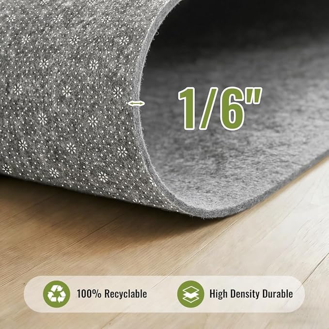 Felt Rug Pad with Gripper Dots, 9x12 Ft Non-Slip Rug Underpad with PVC Backing, 1/6" Thick Cushioned Carpet Pad Gripper for Hardwood Floors, Vinyl & Tile, Under Rug Padding Floor Protection