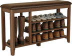 Solid Rubberwood Shoe Bench with Cushion, 3-Tier Entryway Bench with 14.6" Tall Boot Storage, Adjustable Shelves Shoe Rack Bench Used for Mudroom, Bedroom, Hallway, Walnut Finish (39.4" W)
