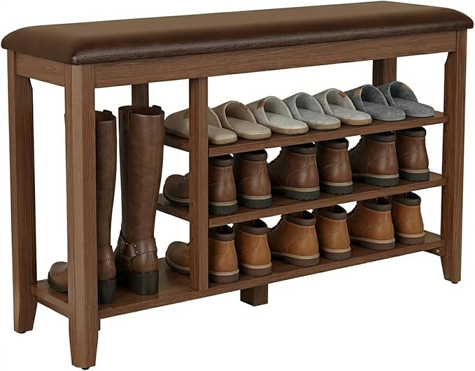 Solid Rubberwood Shoe Bench with Cushion, 3-Tier Entryway Bench with 14.6" Tall Boot Storage, Adjustable Shelves Shoe Rack Bench Used for Mudroom, Bedroom, Hallway, Walnut Finish (39.4" W)