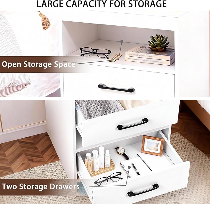Night Stand with Charging Station and Ambient Light, LED Nightstand with USB-C Ports and Outlets, Morden Bedside Table with 2 Drawers and Open Compartment, End Table for Bedroom, White