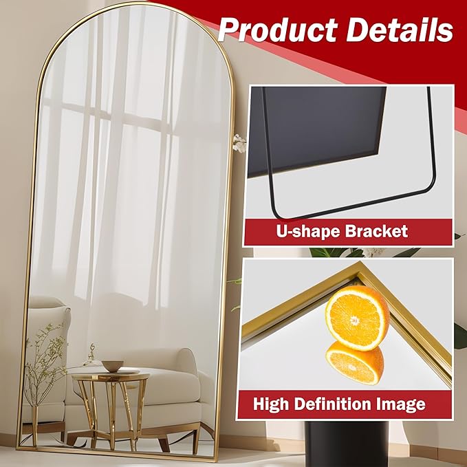 Suidia Arched Full Length Mirror, 76"x34" Floor Mirror Freestanding, Floor Standing Full Body Mirror with Stand for Bedroom, Hanging Leaning Mounted for Living Room Cloakroom, Gold