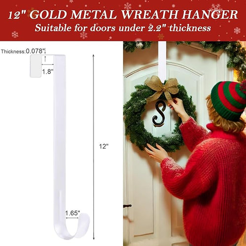 12" Metal Wreath Hanger for Front Door, Non-Scratch, 2 Pack White Wreath Hanger Heavy Duty, Over-the-Door Hooks for Hanging Welcome Sign, Wreath Holder for Easter, Halloween, Christmas Decorations