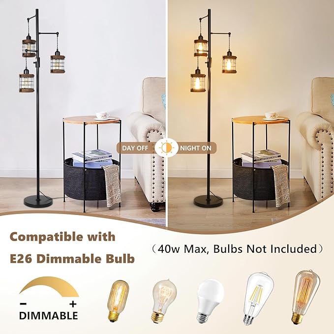 Airposta Dimmable Floor Lamps for Living Room, 3-Light Industrial Floor Lamp with Wood & Metal Cage, Farmhouse Standing Lamp Tall Tree Lamp for Bedroom Office, Rustic Black Tall Floor Lamp for Corner
