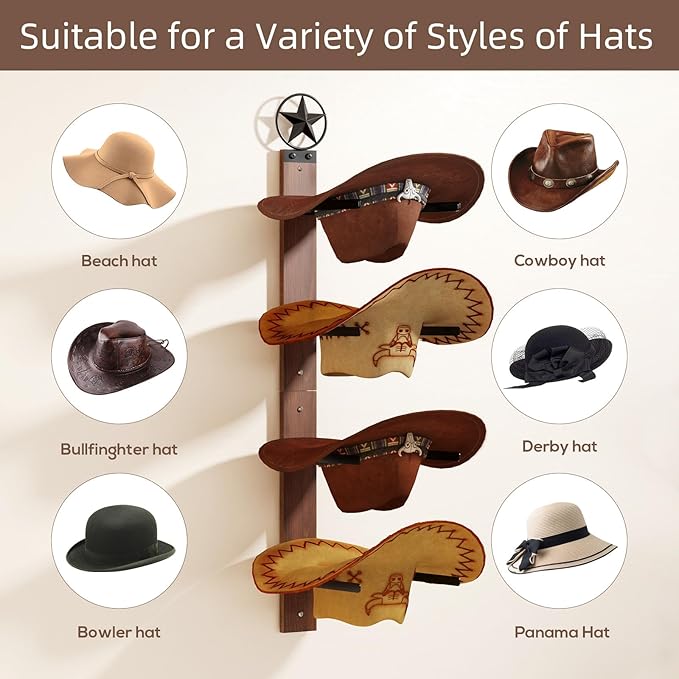 Cowboy Hat Rack for Wall – 2-Piece Western Hat Holder, Rustic Wooden & Metal Wall Mounted Cowboy Hat Organizer, Holds up to 4 Hats, Cowboy Room Decor & Storage Display Rack