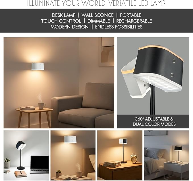 2 Pack Dual-Tone Rechargeable Cordless Desk Lamp – Black & White Portable Table Light, Type-C Charging Table lamp, Touch Control, 3 Color Temps, Stepless Dimming for Reading Study Bedside