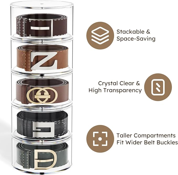 FEMELI Belt Organizer, Acrylic Belt Storage Holder for Closet & Drawer, 5-Layer Stackable Display Case for Belts, Watches, Jewelry and Ties
