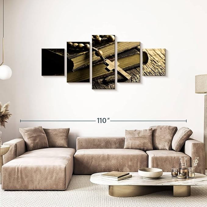 Elephant Stock Bible And Cross Wall Art Multi Piece Canvas - 5 Panel Christian Pictures Decor - Digital Design Canvas Print - Christian Wall Decor - 80" X 36"