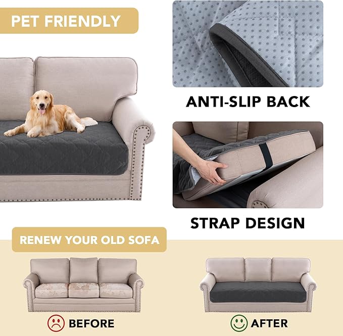 H.VERSAILTEX Couch Cover Chenille Pet Fuzzy Sofa Covers for 3 Cushion Couch Anti Slip Washable Sofa Slipcovers with Strap Soft Couch Protector Cover for Dogs Cats Kids(36" x 74", Grey)