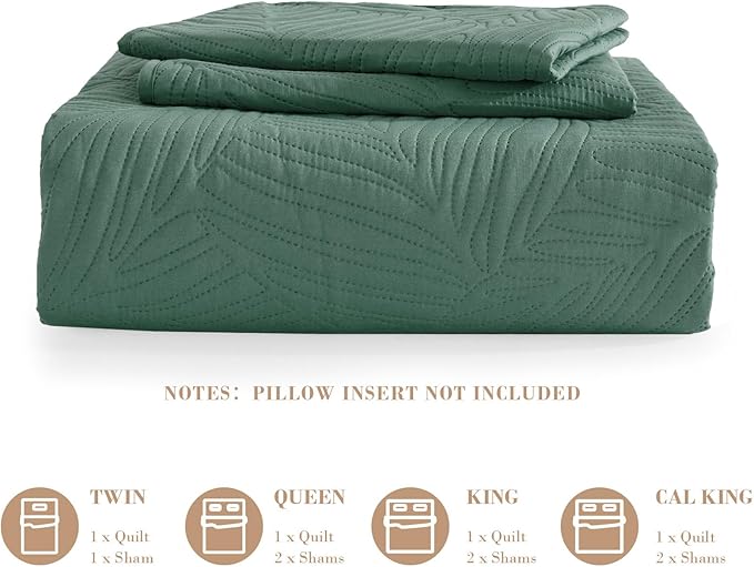 Exclusivo Mezcla California King Quilt Bedding Set, Lightweight Green Quilts Cal Oversized King Size for All Seasons, Soft Microfiber Bedspreads Coverlets with Leaf Pattern, 3 Piece