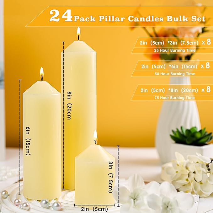 24 Pcs Ivory White Pillar Candles Bulk,2x3 2x6 2x8 Inch-8 Each Size,Large Christmas Pillar Candles Set of 3,Unscented Dripless Smokeless Hurricane Candles for Wedding Engagement Party Ceremony