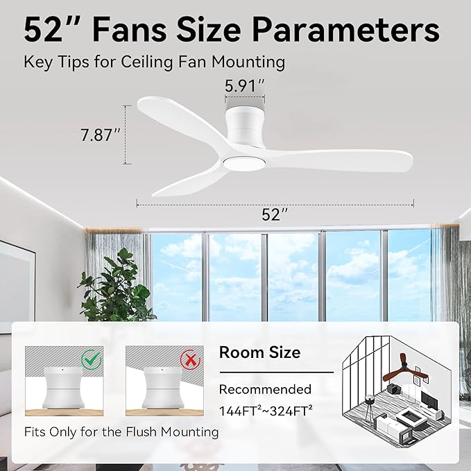 52” Wood Smart Flush Mount Ceiling Fans with Lights and Remote,Quiet DC Motor,Outdoor Indoor Ultra Low Profile Ceiling Fan works with Alexa WIFI APP,Modern White Ceiling Fan for Bedroom Patio