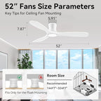 52” Wood Smart Flush Mount Ceiling Fans with Lights and Remote,Quiet DC Motor,Outdoor Indoor Ultra Low Profile Ceiling Fan works with Alexa WIFI APP,Modern White Ceiling Fan for Bedroom Patio