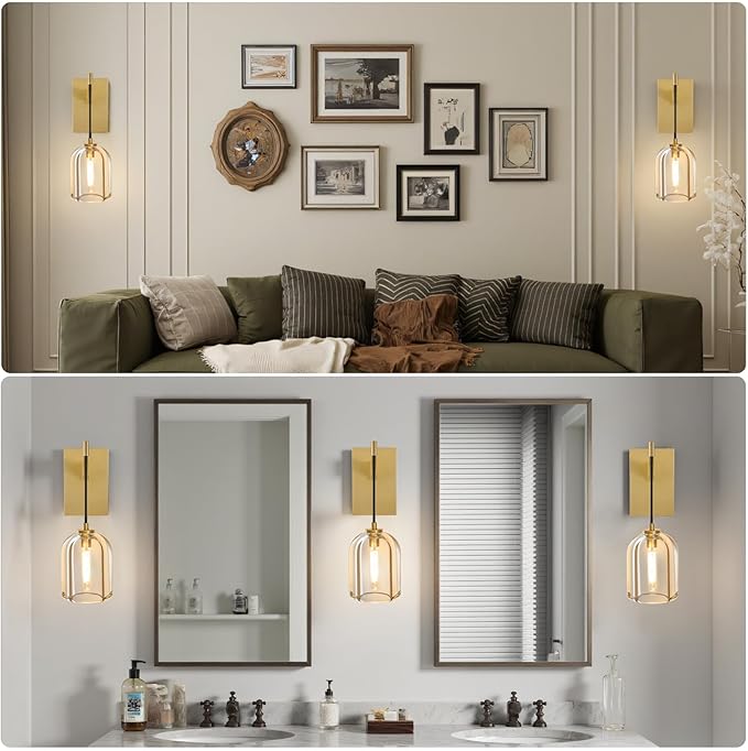 Crystal Brass Hemisphere Wall Sconce - Gold Brushed Dimmable Sconces with Bulbs - Modern Hanging Light Decor - Luxury Indoor Lighting Fixture for Bedroom Living Room Bathroom Vanity Hallway