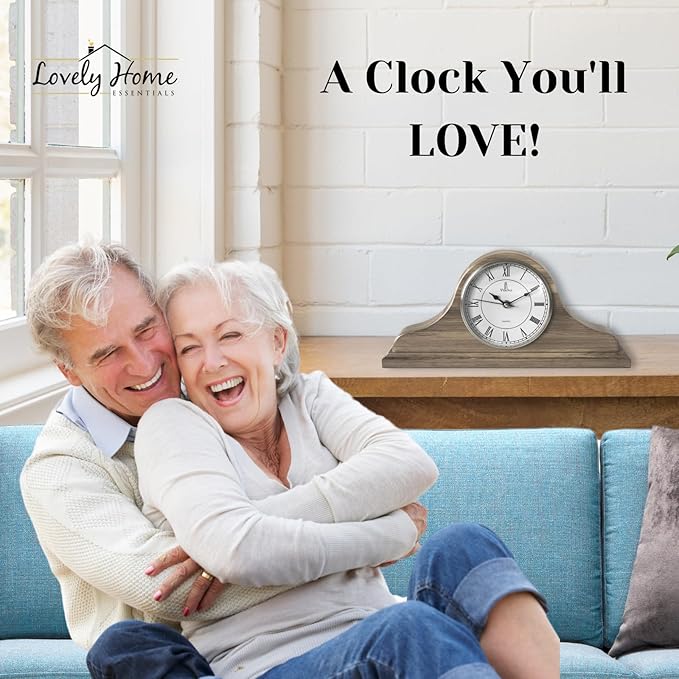 Mantel Clock Battery Operated - Grey Ash Wooden Farmhouse Mantle Clock for Living Room Decor Above Fireplace, Office, Shelf & Home Décor Gift 15x7.5 - Silent Wood Mantel Clock for Living Room Table