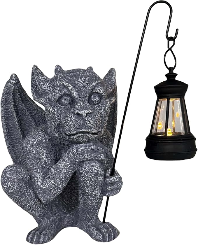 Gargoyle Statues Outdoor with Solar Lantern Gothic Garden Lamp Decor Outside Dragon Winged Gargoyle for Porch Patio Lawn Yard Ornament Trolls Figurine Gifts for Women Mom Grandma