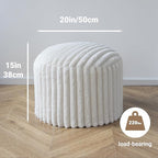 Luxury Round Stuffed Floor Poufs Ottoman, Stripe Faux Fur Footrest with Dual Layer Comfort, Removable Washable Cover, 20"x15" Plush Shaggy Pouf for Living Room Bedroom Vanity, Cream Beige