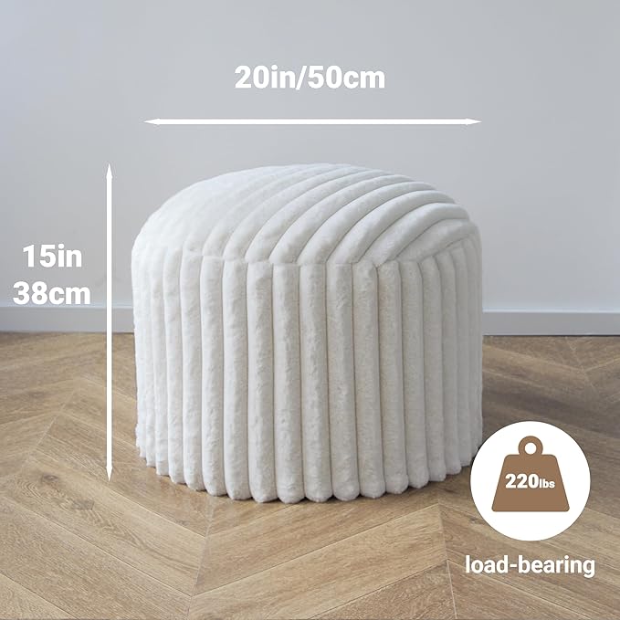 Luxury Round Stuffed Floor Poufs Ottoman, Stripe Faux Fur Footrest with Dual Layer Comfort, Removable Washable Cover, 20"x15" Plush Shaggy Pouf for Living Room Bedroom Vanity, Cream Beige