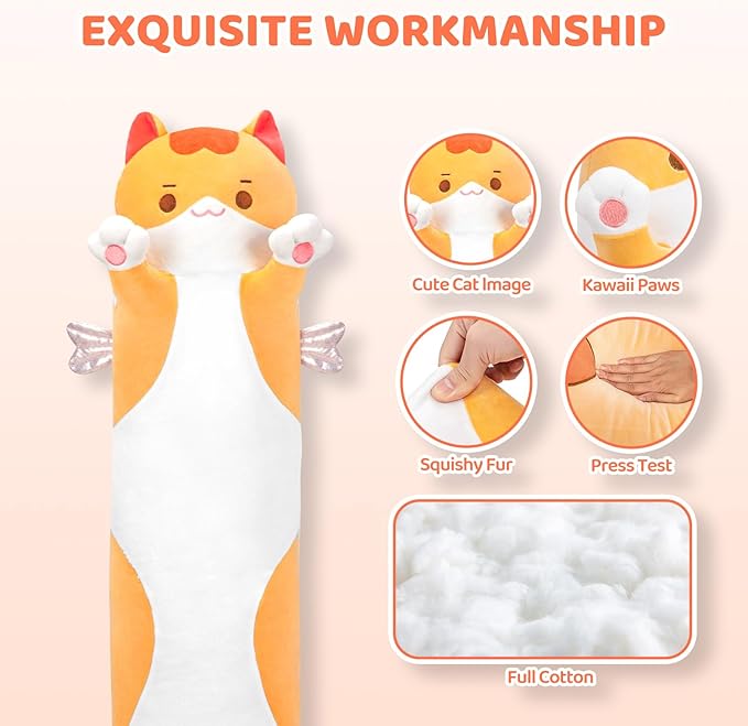 Mewaii Long Cat Plush 5 Sizes, 120% Extra Filling Giant Plushness Kids Body Pillow, Kawaii Cute Brown Cat Stuffed Animals Plushies, Big Long Body Pillow Cat Plush Gift for Girls 20”