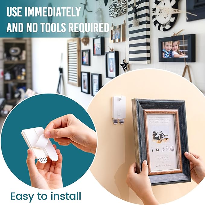 TAILI Picture Hangers 4 Pack(10 Strips), Adhesive Picture Hanging Hooks Without Nails, No Damage Sawtooth Hangers, Art Hanger Hooks for Bathroom Kitchen Home Door Closet, White