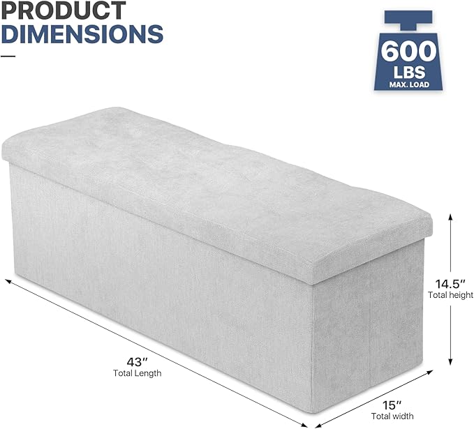 MoNiBloom 43 Inch Folding Storage Ottoman Bench, Linen Fabric Ottoman Footrest, Storage Chest, Padded Seat, End of Bed Bench for Living Room, Bedroom, Entryway, Light Gray