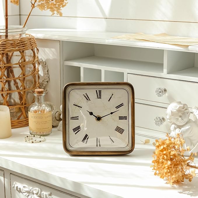 NIKKY HOME Vintage Silent Non-Ticking Table Clock, Shelf Desk Top Clock Battery Operated, Retro Home Decor for Bedroom Living Room Mantel Desktop Countertop, Gold