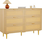 VEVOR Rattan Dresser 6 Drawer, 47.2'' Wide Boho Wood Dresser, Double Dresser Chest of Drawers with Golden Handles and Legs, TV Stand Dresser for Bedroom, Living Room, Entryway, Hallway, Natural Oak