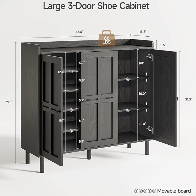 ONBRILL Shoe Cabinet with 3 Doors and Adjustable Shelves, 30 Pairs Shoe Storage Cabinet, 40 Inch Tall Farmhouse Shoe Rack Shoe Organizer Cabinet for Entryway Living Room Closet, Black