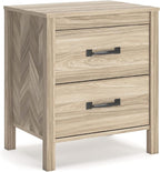Signature Design by Ashley Battelle Mid-Century Modern Nightstand with Chevron Pattern, 2 Storage Drawers, Dark-Color Hardware, Wood, 24.5" High, Light Brown