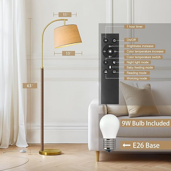 63" Wood Floor Lamp for Living Room Dimmable Standing Lamp with Remote & Foot Switch, 3 Color Temperatures Tall Lamp Mid Century Modern Floor Lamp for Bedroom Office, 9W Bulb Included, Chestnut