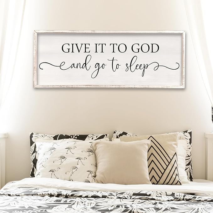 Surfapans Give It To God And Go To Sleep Sign Wall Decor Above Bed 32"x12" Master Bedroom Guest Room Over Bed Wood Rustic Framed Wall Art (White)