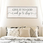 Surfapans Give It To God And Go To Sleep Sign Wall Decor Above Bed 32"x12" Master Bedroom Guest Room Over Bed Wood Rustic Framed Wall Art (White)