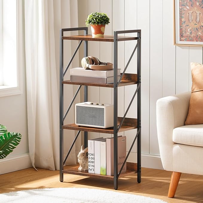 HOOBRO Bookshelf, 4-Tier Industrial Bookcase, Book Shelf Storage Organizer, Small Bookshelf with Metal Frame for Living Room, Bedroom, Home Office, Kitchen, Rustic Brown and Black BF40SJ01