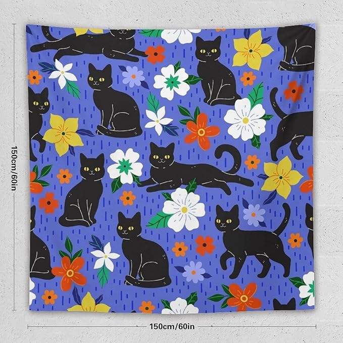 VUMIVI Black Cat Floral Tapestry Red White Hand-Painted Flowers Cute Animals Kids' Doodles Tapestry Wall Hanging for Living Room Bedroom Dorm Classroom Aesthetic Decor W60xL60in
