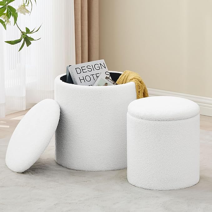 Round Set of 2 Ottoman with Storage, Boucle Storage Ottoman Foot Stool, Soft Teddy Upholstered Small Vanity Stool, Ottomans Coffee Table Padded Seat Foot Rest for Living Room Bedroom, White