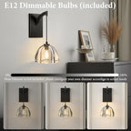Crystal Brass Dome Wall Sconce - Luxury Matte Brushed Lighting Fixture with K9 Crystals Cloche - Set of 2 Modern Black Sconces - Dimmable Indoor Hanging Light for Bathroom Bedroom Living Room Stair