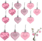 Valentines Day Heart Ornaments, 24Pcs Hanging Heart Ornaments, Glitter Pink Heart-Shaped Baubles for Outdoor Wedding Anniversary Mother's Day Romantic Galentines Valentines Day Party Decoration
