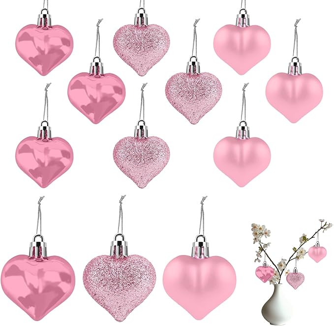 Valentines Day Heart Ornaments, 24Pcs Hanging Heart Ornaments, Glitter Pink Heart-Shaped Baubles for Outdoor Wedding Anniversary Mother's Day Romantic Galentines Valentines Day Party Decoration