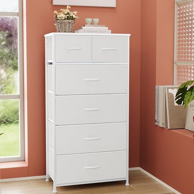 Crestlive Products Tall Dresser for Bedroom Vertical Skinny Dresser - Sturdy Steel Frame, Wood Top, Easy Pull Fabric Bins- Organizer Unit for Bedroom, Entryway, Closets - 6 Drawers (White)