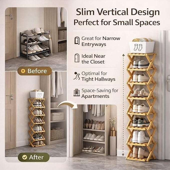 DDRIC 9-Tier No-Assembly Bamboo Rack, 2026 Upgraded Foldable Corner Shoe Rack, Space-Saving Organizer for Shoes, No-Tool Narrow Shelf for Entryway Closet Dorm (Nuture,9-Tier)