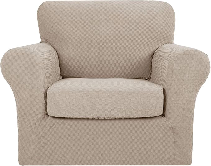 YEMYHOM Latest Checkered 2 Pieces Chair Covers for Living Room High Stretch Thickened Chair Slipcovers with Arms Anti Slip Elastic Armchair Sofa Couch Slipcover Protector (Khaki), 31"-46"(1 Cushion)