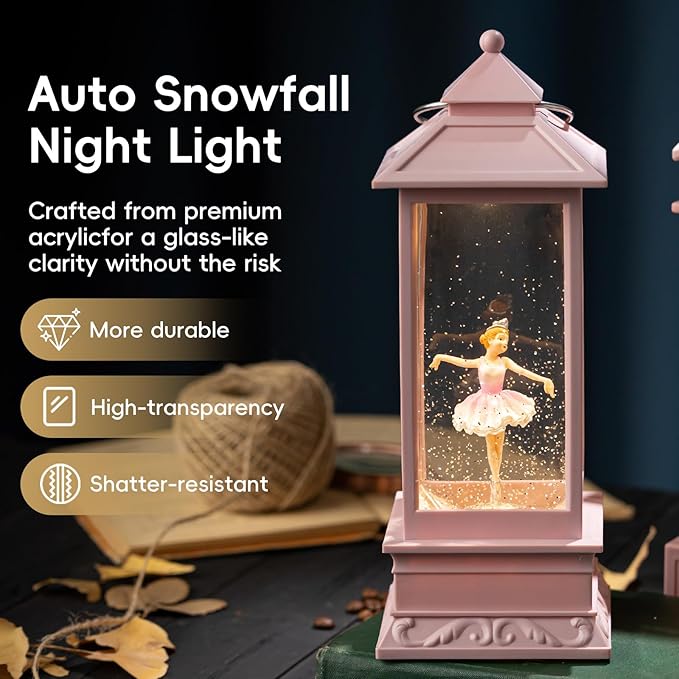 Snow Globe Lantern with Ballet Girl Ballerina – Shatterproof 8 Songs Musical Box Automatic Snowfall Led Light USB & Battery Powered,for Valentine’s Day Gifts Present Birthday Home Fall Decoration,Pink